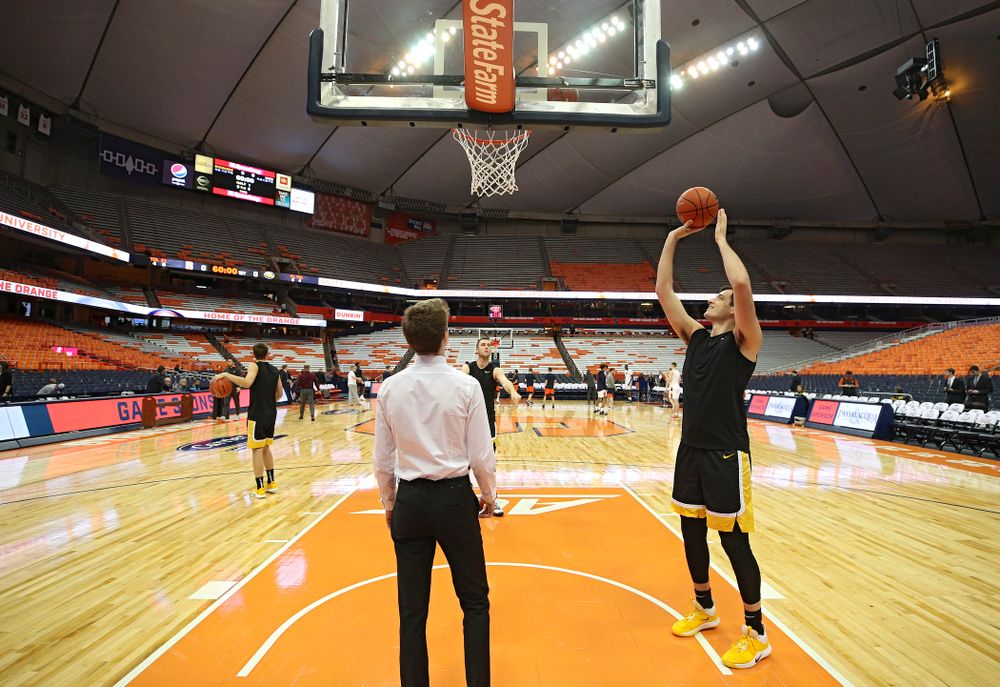 Iowa Hawkeyes forward Ryan Kriener (15) warms up on the court before their ACC/Big Ten Challenge game at the Carrier Dome in Syracuse, N.Y. on Tuesday, Dec 3, 2019. (Stephen Mally/hawkeyesports.com)