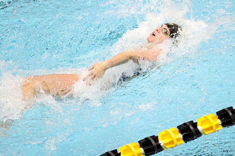 Iowa’s Kennedy Gilbertson swims the women’s 50 yard backstroke event during their meet at the Campus Recreation and Wellness Center in Iowa City on Friday, February 7, 2020. (Stephen Mally/hawkeyesports.com)