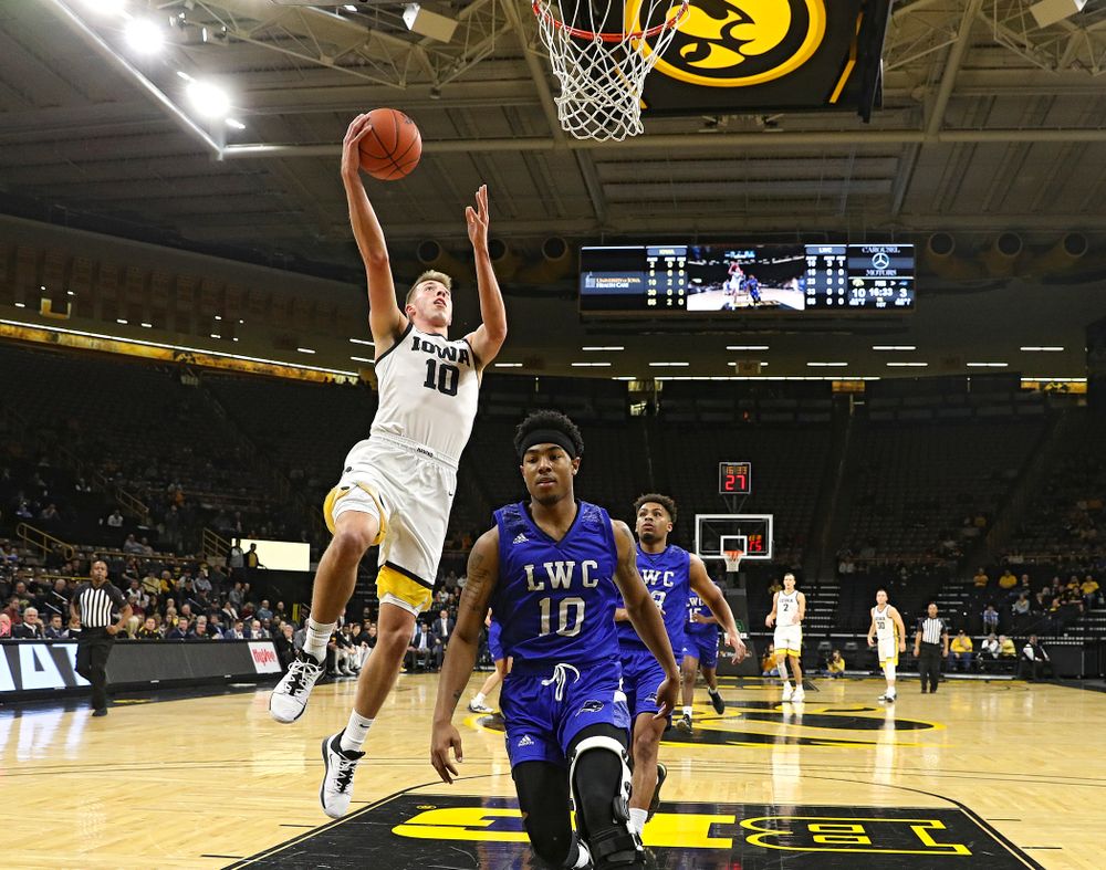 Iowa Hawkeyes guard Joe Wieskamp (10) makes a basket during the first half of their exhibition game against Lindsey Wilson College at Carver-Hawkeye Arena in Iowa City on Monday, Nov 4, 2019. (Stephen Mally/hawkeyesports.com)