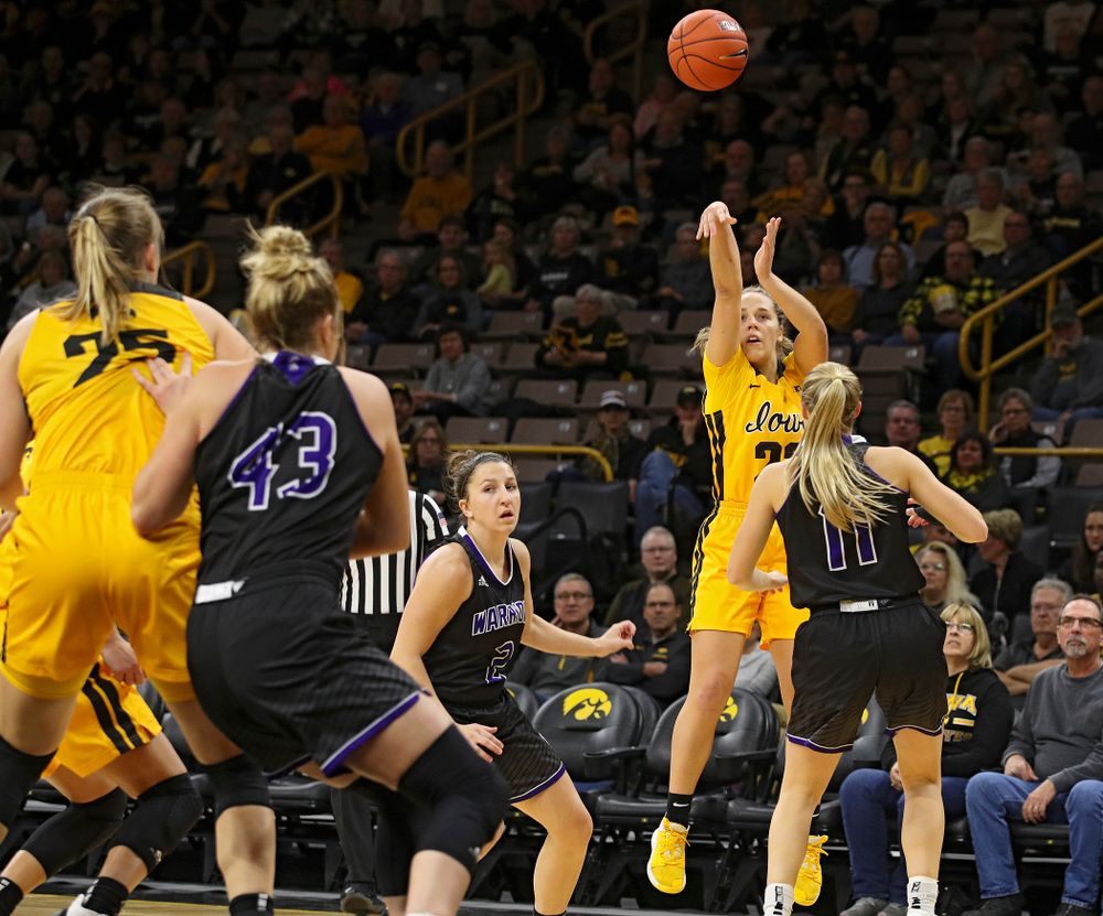 Iowa guard Kathleen Doyle (22) shoots during the first quarter of their game against Winona State at Carver-Hawkeye Arena in Iowa City on Sunday, Nov 3, 2019. (Stephen Mally/hawkeyesports.com)