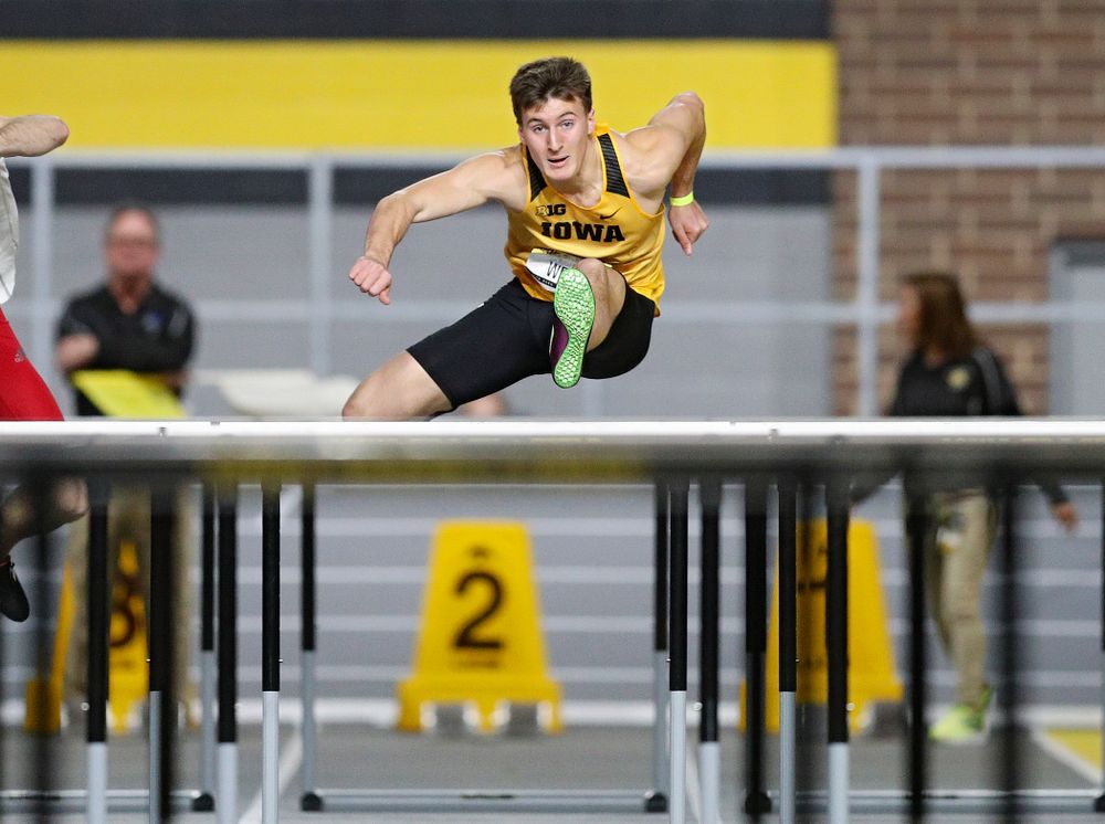Iowa’s Austin West competes in the men’s 60 meter hurdles prelims event during the Jimmy Grant Invitational at the Recreation Building in Iowa City on Saturday, December 14, 2019. (Stephen Mally/hawkeyesports.com)