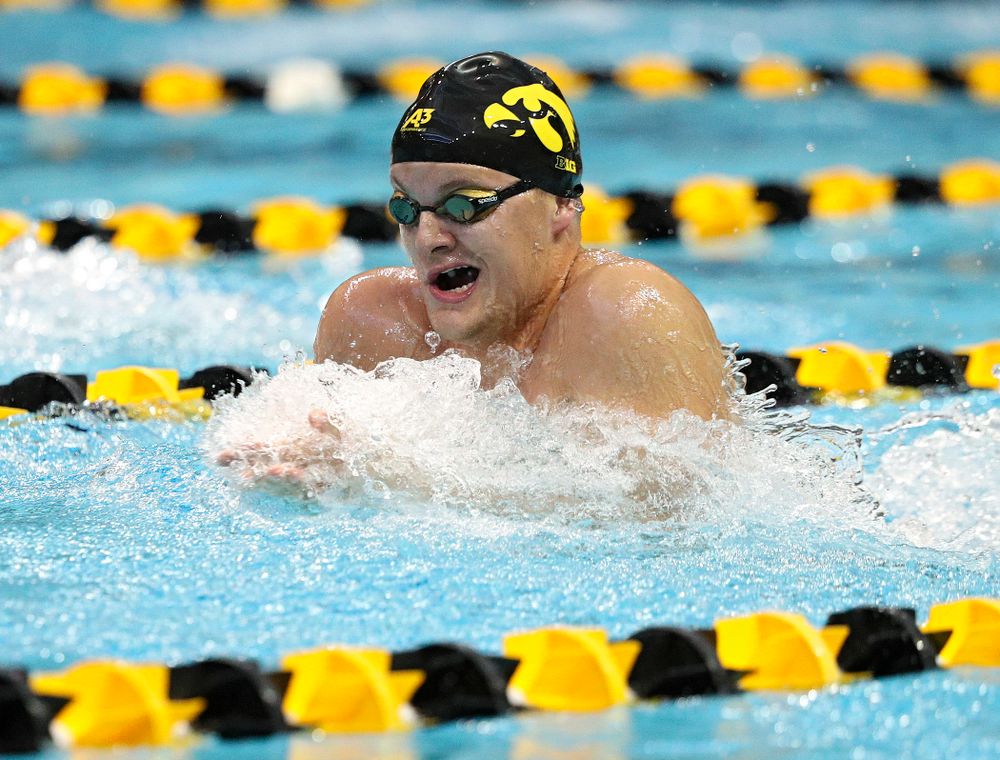 Iowa’s Will Myhre swims the breaststroke section of the men’s 200-yard medley relay event during their meet against Michigan State and Northern Iowa at the Campus Recreation and Wellness Center in Iowa City on Friday, Oct 4, 2019. (Stephen Mally/hawkeyesports.com)