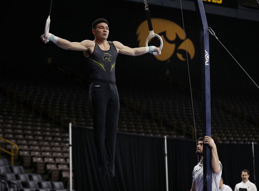 Iowa's Andrew Herrador competes on the rings against Oklahoma Saturday, February 9, 2019 at Carver-Hawkeye Arena. (Brian Ray/hawkeyesports.com)