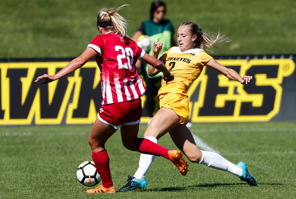 Iowa Hawkeyes midfielder Hailey Rydberg (2) makes a tackle during a game against Indiana at the Iowa Soccer Complex on September 23, 2018. (Tork Mason/hawkeyesports.com)
