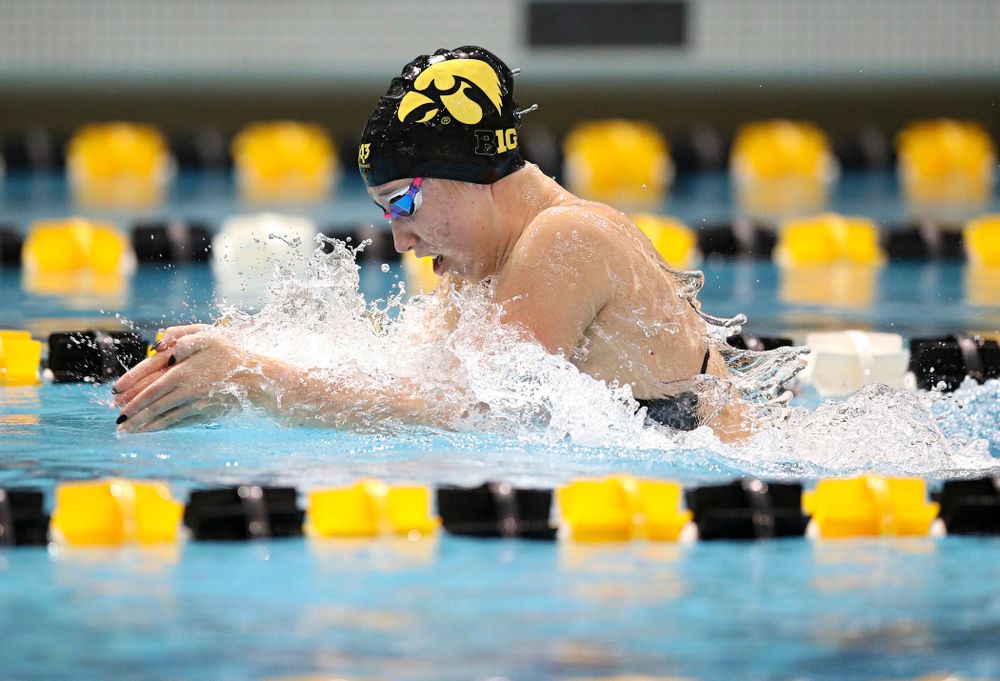 Iowa’s Zoe Mekus swims the breaststroke section in the women’s 400 yard medley relay event during their meet at the Campus Recreation and Wellness Center in Iowa City on Friday, February 7, 2020. (Stephen Mally/hawkeyesports.com)
