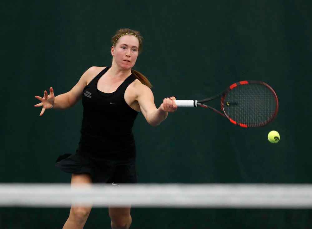Anastasia Reimchen against Ohio State Sunday, March 25, 2018 at the Hawkeye Tennis and Recreation Center. (Brian Ray/hawkeyesports.com)