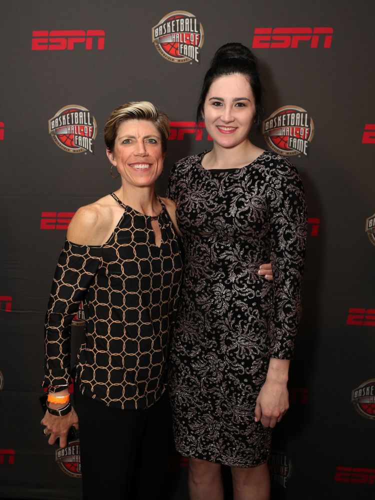 Iowa Hawkeyes forward Megan Gustafson (10) and associate head coach Jan Jensen on the red carpet before the ESPN College Basketball Awards show Friday, April 12, 2019 at The Novo at LA Live.  (Brian Ray/hawkeyesports.com)