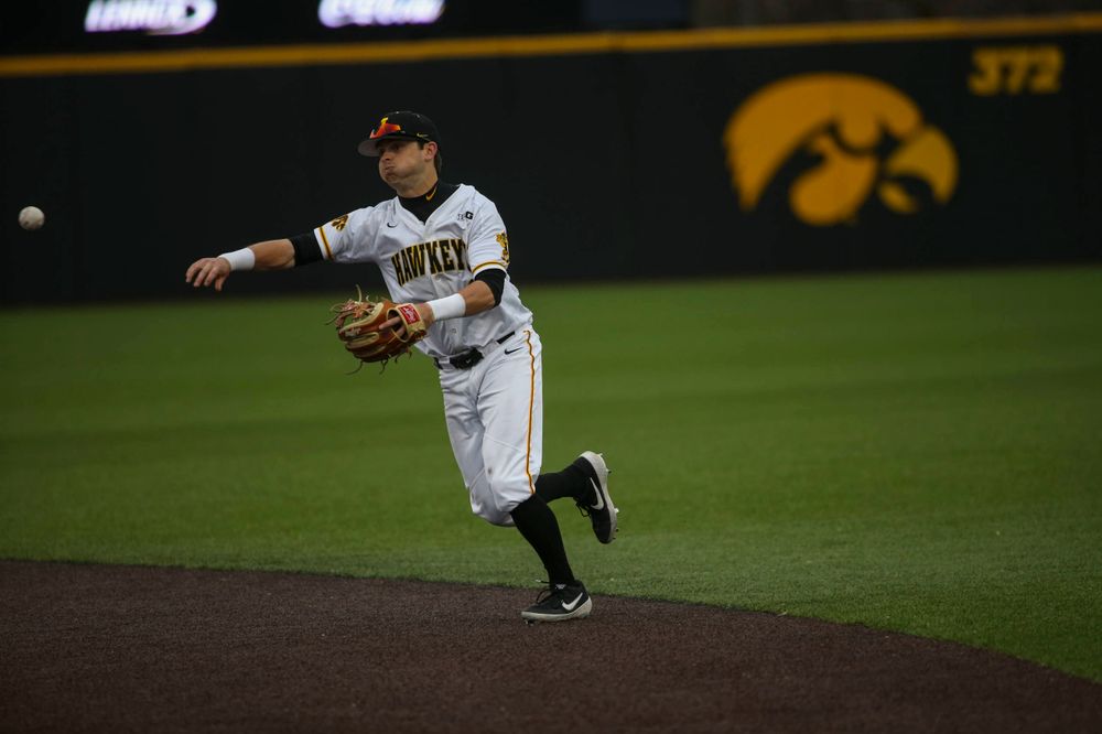 Iowa infielder Mitchell Boe  at game 1 vs Illinois on Friday, March 29, 2019 at Duane Banks Field. (Lily Smith/hawkeyesports.com)