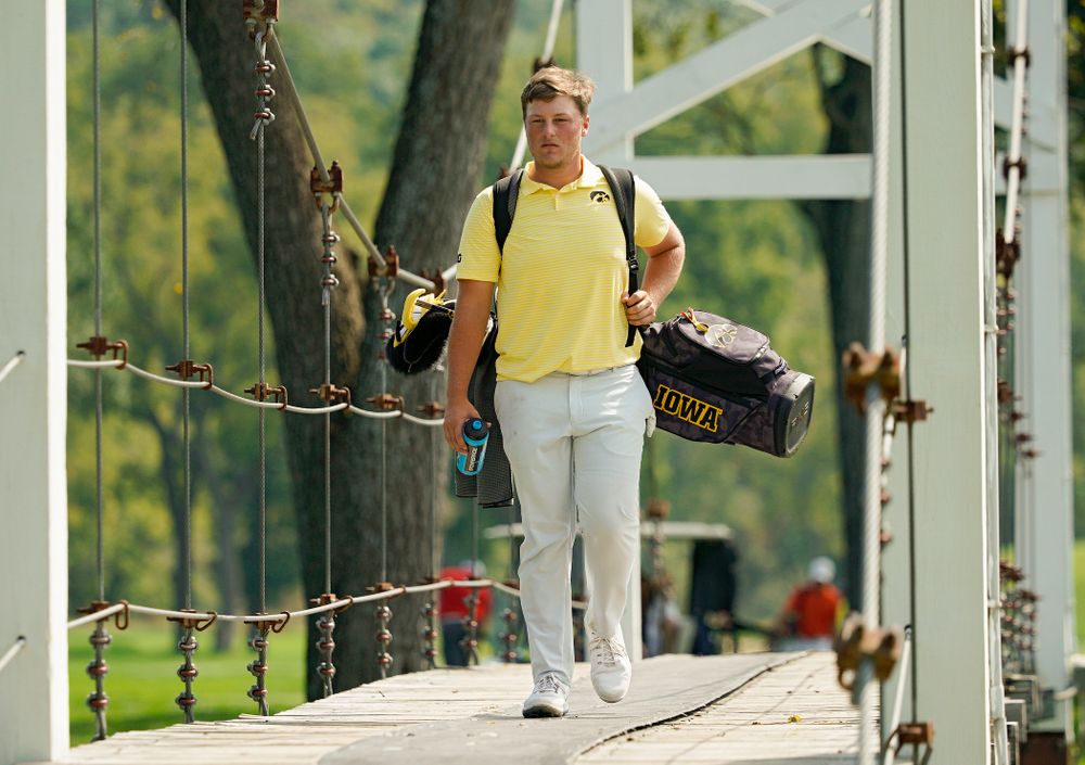 Iowa’s Alex Schaake walks across a bridge during the third day of the Golfweek Conference Challenge at the Cedar Rapids Country Club in Cedar Rapids on Tuesday, Sep 17, 2019. (Stephen Mally/hawkeyesports.com)