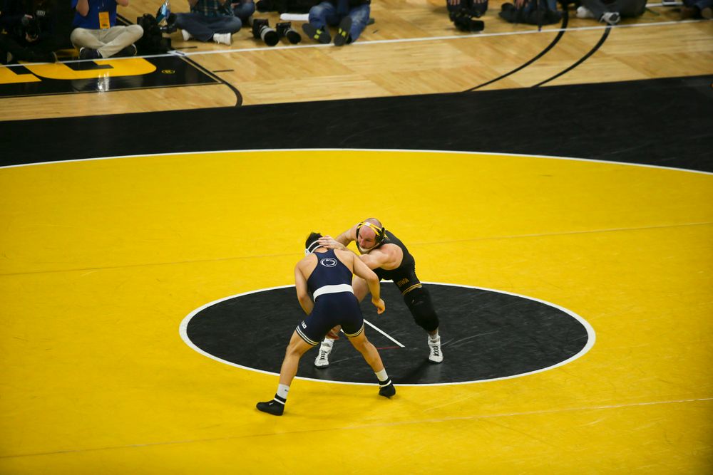 Iowa’s Alex Marinelli wrestles Penn State’s Vincenzo Joseph during their 165 lbs match during the Iowa wrestling dual vs Penn State on Friday, January 31, 2020 at Carver-Hawkeye Arena. (Lily Smith/hawkeyesports.com)