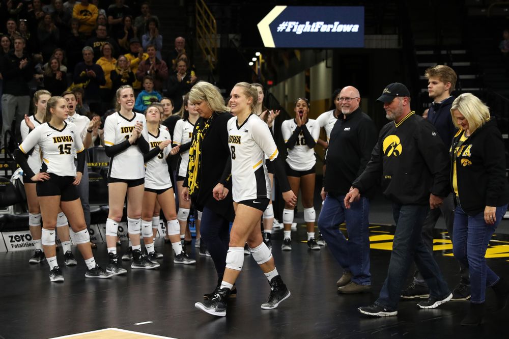 Iowa Hawkeyes right side hitter Reghan Coyle (8) during senior day activities before their game against the Ohio State Buckeyes Saturday, November 24, 2018 at Carver-Hawkeye Arena. (Brian Ray/hawkeyesports.com)
