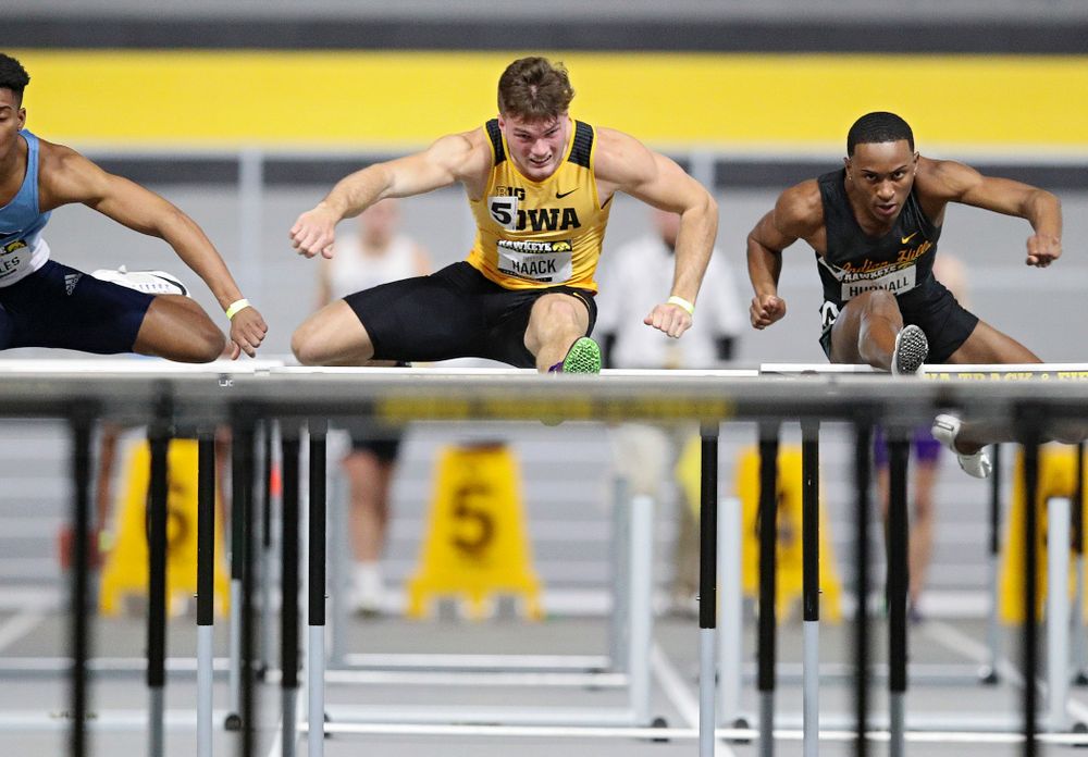 Iowa’s Peyton Haack runs in the men’s 60 meter hurdles prelim event during the Hawkeye Invitational at the Recreation Building in Iowa City on Saturday, January 11, 2020. (Stephen Mally/hawkeyesports.com)