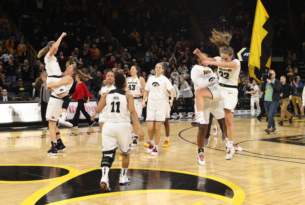Iowa Hawkeyes guard Kathleen Doyle (22) celebrates their win against the Purdue Boilermakers Sunday, January 27, 2019 at Carver-Hawkeye Arena. (Brian Ray/hawkeyesports.com)