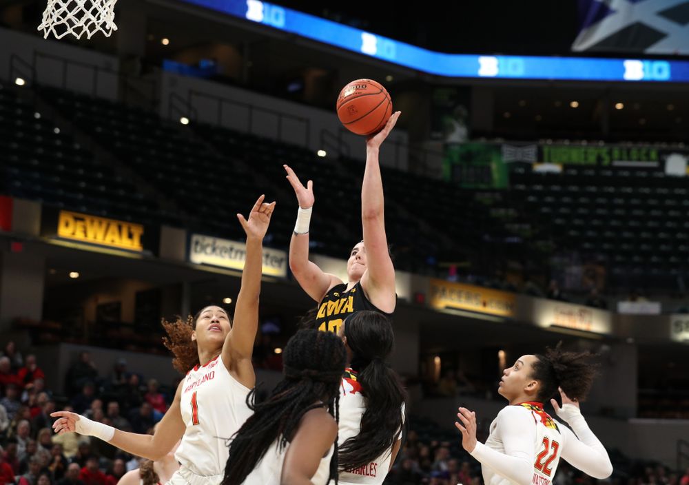 Iowa Hawkeyes forward Megan Gustafson (10) against the Maryland Terrapins Sunday, March 10, 2019 at Bankers Life Fieldhouse in Indianapolis, Ind. (Brian Ray/hawkeyesports.com)