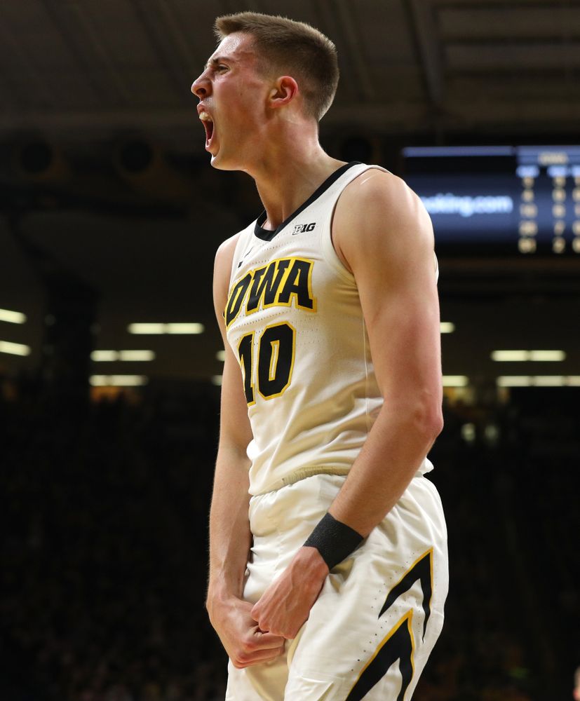 Iowa Hawkeyes guard Joe Wieskamp (10) reacts after getting an and one against the Michigan Wolverines Friday, February 1, 2019 at Carver-Hawkeye Arena. (Brian Ray/hawkeyesports.com)