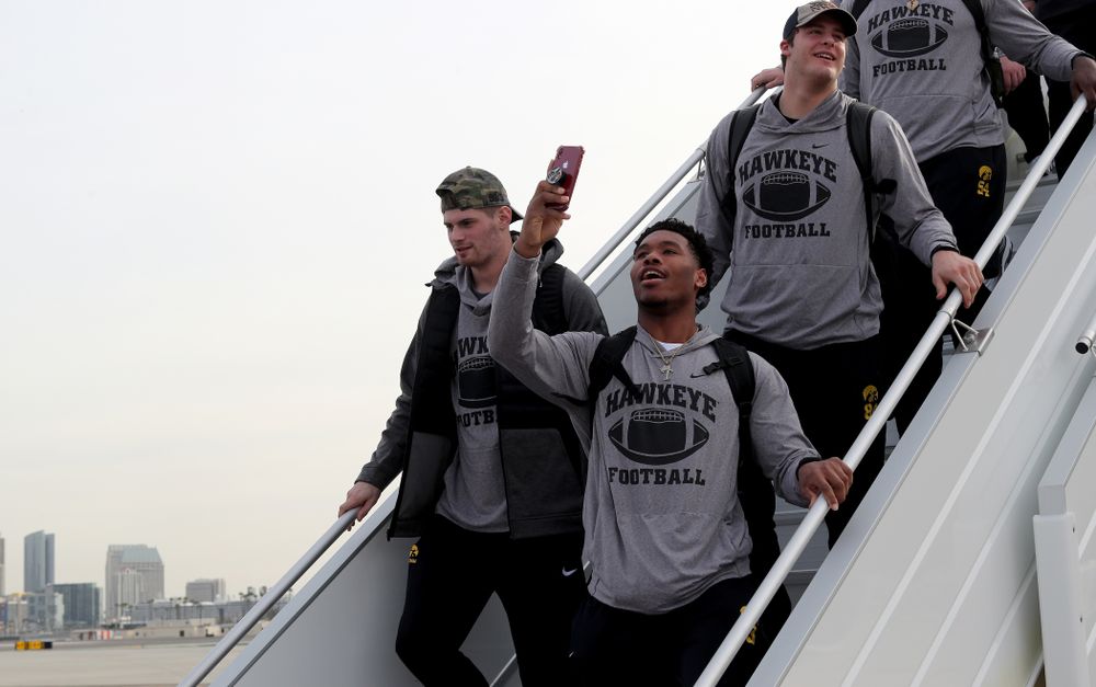 Iowa Hawkeyes wide receiver Tyrone Tracy Jr. (3) after arriving in San Diego, CA Saturday, December 21, 2019 for the Holiday Bowl. (Brian Ray/hawkeyesports.com)
