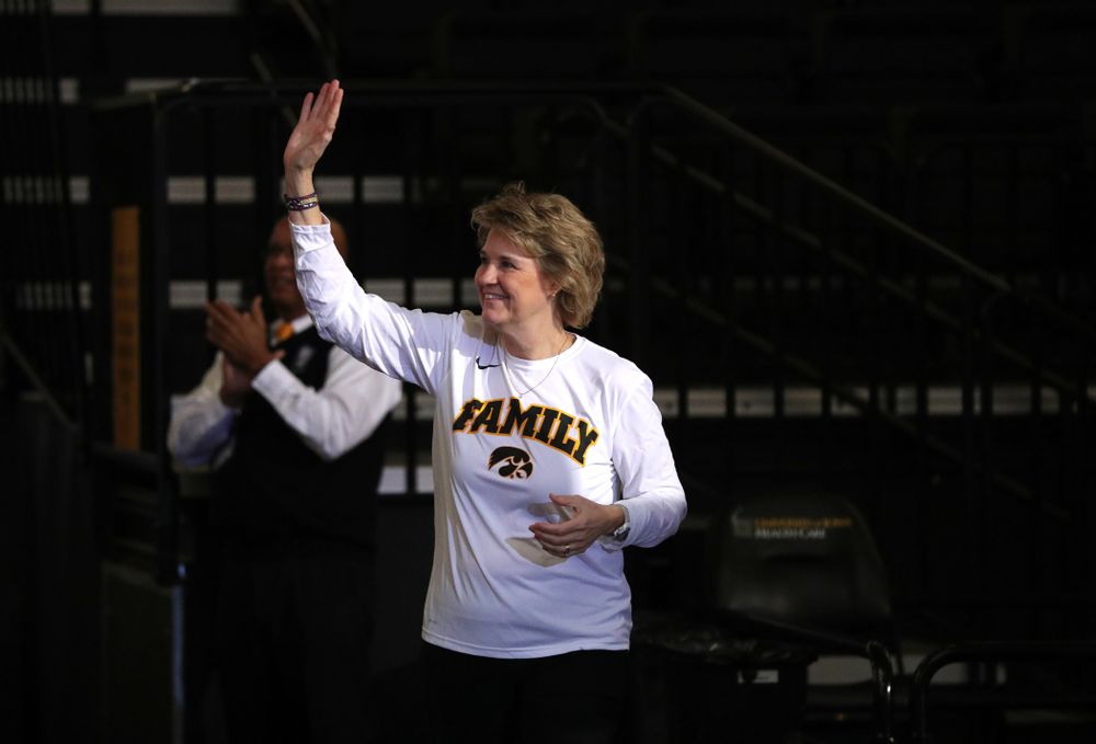Iowa Hawkeyes head coach Lisa Bluder during a celebration of their Big Ten Women's Basketball Tournament championship Monday, March 18, 2019 at Carver-Hawkeye Arena. (Brian Ray/hawkeyesports.com)