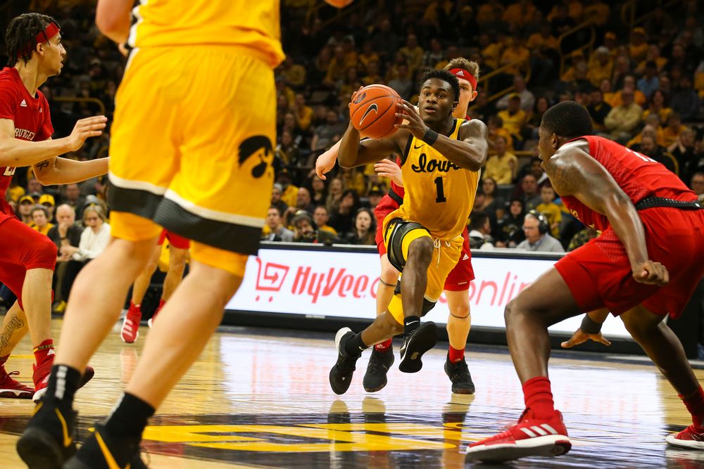 Iowa Hawkeyes guard Joe Toussaint (1) drives to the basket during the Iowa men’s basketball game vs Rutgers on Wednesday, January 22, 2020 at Carver-Hawkeye Arena. (Lily Smith/hawkeyesports.com)