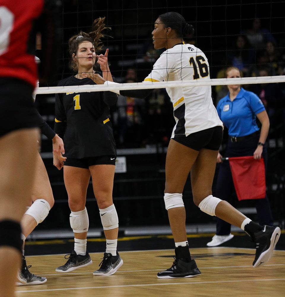 Iowa Hawkeyes defensive specialist Molly Kelly (1) celebrates after winning a point during a match against Rutgers at Carver-Hawkeye Arena on November 2, 2018. (Tork Mason/hawkeyesports.com)