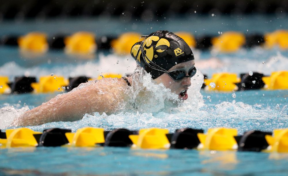 IowaÕs Kelsey Drake competes in the 200 yard butterfly against Notre Dame and Illinois Saturday, January 11, 2020 at the Campus Recreation and Wellness Center.  (Brian Ray/hawkeyesports.com)