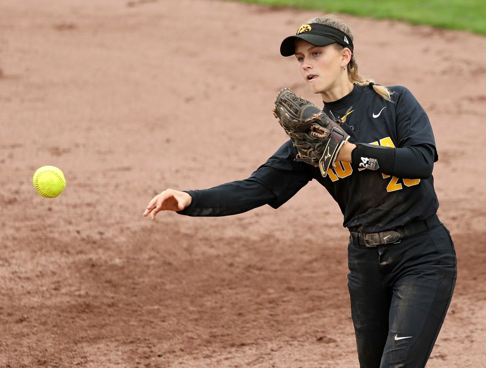 Iowa infielder Mia Ruther (26) throws to first for an out during the sixth inning of their game against Iowa Softball vs Indian Hills Community College at Pearl Field in Iowa City on Sunday, Oct 6, 2019. (Stephen Mally/hawkeyesports.com)