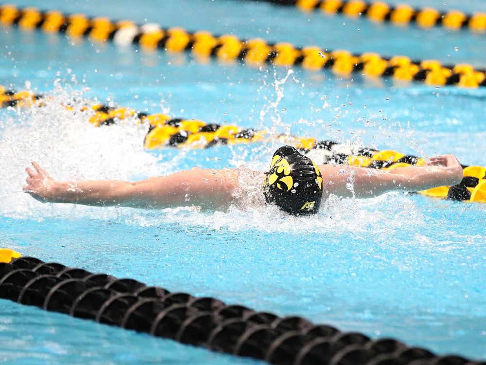 Iowa’s Kelsey Drake swims the butterfly section of the 200 yard medley relay event during the 2020 Big Ten Women’s Swimming and Diving Championships at the Campus Recreation and Wellness Center in Iowa City on Wednesday, February 19, 2020. (Stephen Mally/hawkeyesports.com)