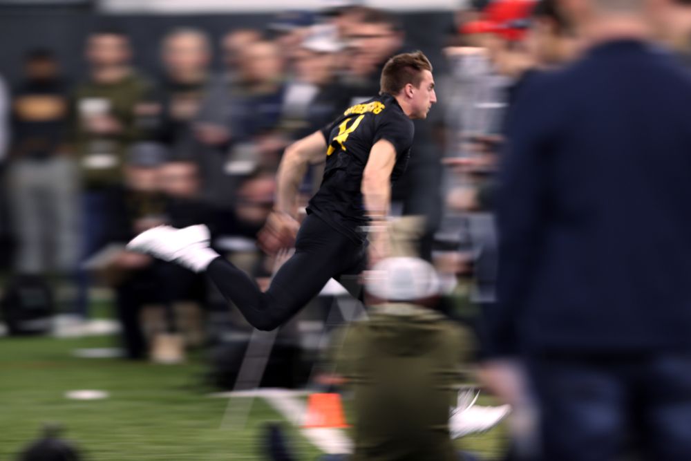 Iowa Hawkeyes wide receiver Kyle Groeneweg (14) during the teamÕs annual Pro Day Monday, March 25, 2019 at the Hansen Football Performance Center. (Brian Ray/hawkeyesports.com)