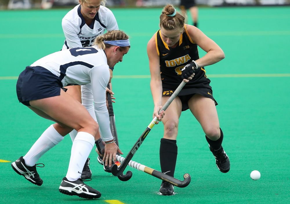 Iowa Hawkeyes midfielder Nikki Freeman (8) is fouled during a game against No. 6 Penn State at Grant Field on October 12, 2018. (Tork Mason/hawkeyesports.com)