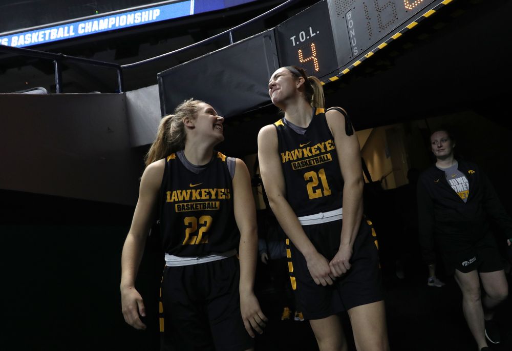 Iowa Hawkeyes forward Hannah Stewart (21) and guard Kathleen Doyle (22) during media and practice as they prepare for their Sweet 16 matchup against NC State Friday, March 29, 2019 at the Greensboro Coliseum in Greensboro, NC.(Brian Ray/hawkeyesports.com)