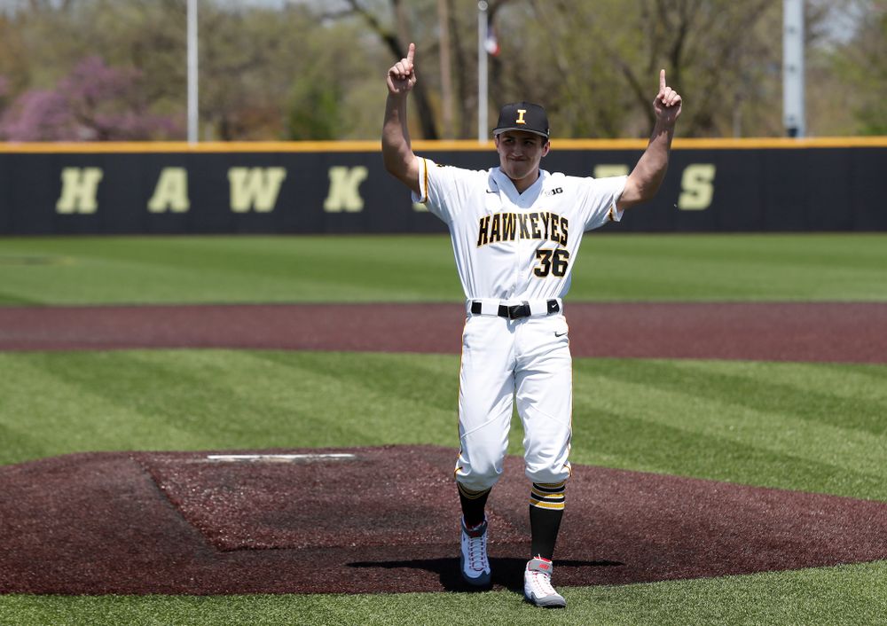 against the Oklahoma State Cowboys Saturday, May 5, 2018 at Duane Banks Field. (Brian Ray/hawkeyesports.com)Iowa All American Wrestler Michael Kemerer throws out a first pitch before the Iowa Hawkeyes game against the Oklahoma State Cowboys Saturday, May 5, 2018 at Duane Banks Field. (Brian Ray/hawkeyesports.com)