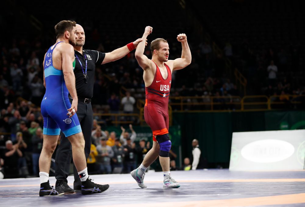 Logan Stieber during the gold medal match of the United World Wrestling Freestyle World Cup against Azerbaijan Sunday, April 8, 2018 at Carver-Hawkeye Arena. (Brian Ray/hawkeyesports.com)