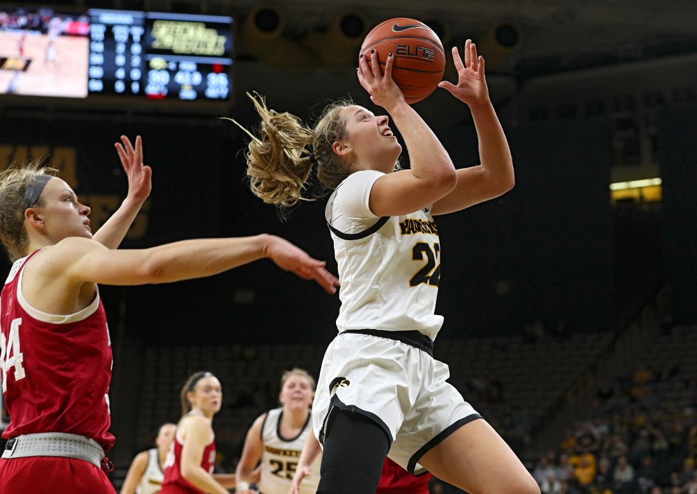 Iowa Hawkeyes guard Kathleen Doyle (22) makes a basket during the second quarter of their game at Carver-Hawkeye Arena in Iowa City on Sunday, January 12, 2020. (Stephen Mally/hawkeyesports.com)