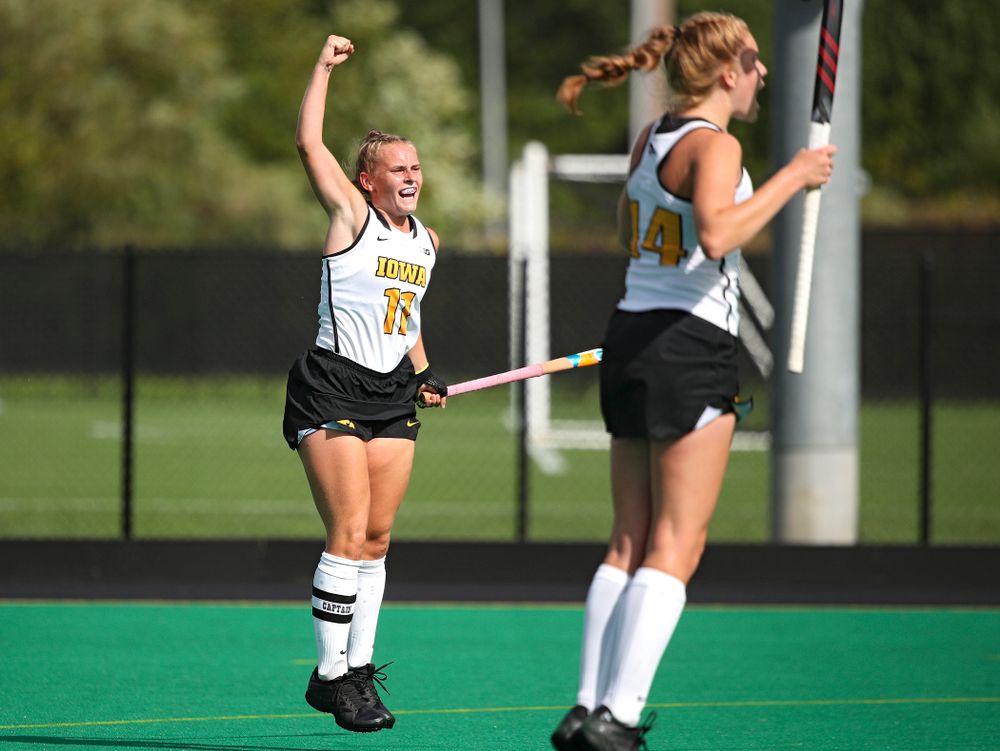 Iowa’s Katie Birch (11) celebrates after scoring a goal during the second quarter of their game at Grant Field in Iowa City on Friday, Sep 13, 2019. (Stephen Mally/hawkeyesports.com)