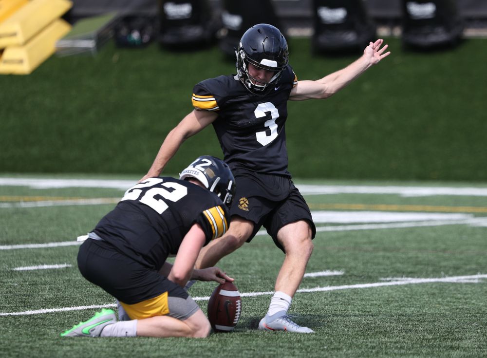 Iowa Hawkeyes place kicker Keith Duncan (3) during Fall Camp Practice No. 4 Monday, August 5, 2019 at the Ronald D. and Margaret L. Kenyon Football Practice Facility. (Brian Ray/hawkeyesports.com)