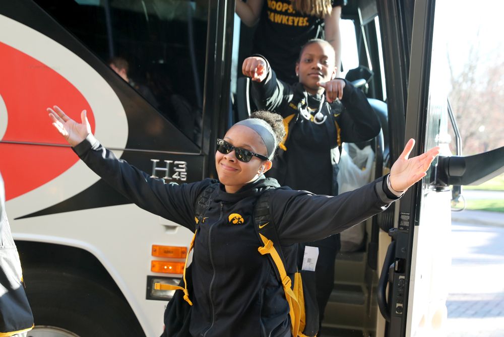 Iowa Hawkeyes guard Tania Davis (11) arrives in Greensboro, NC for the Regionals of the 2019 NCAA Women's Basketball Championships Thursday, March 28, 2019 at the Eastern Iowa Airport. (Brian Ray/hawkeyesports.com)