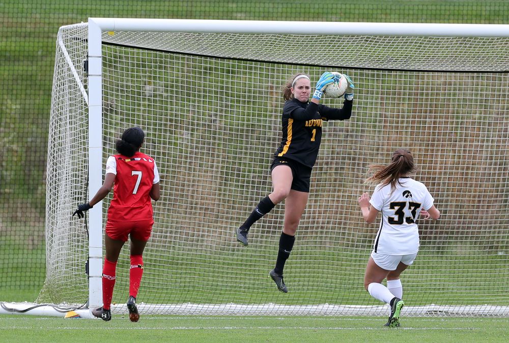 Iowa Hawkeyes goalkeeper Claire Graves (1) against the Maryland Terrapins Sunday, October 13, 2019 on senior day. (Brian Ray/hawkeyesports.com)