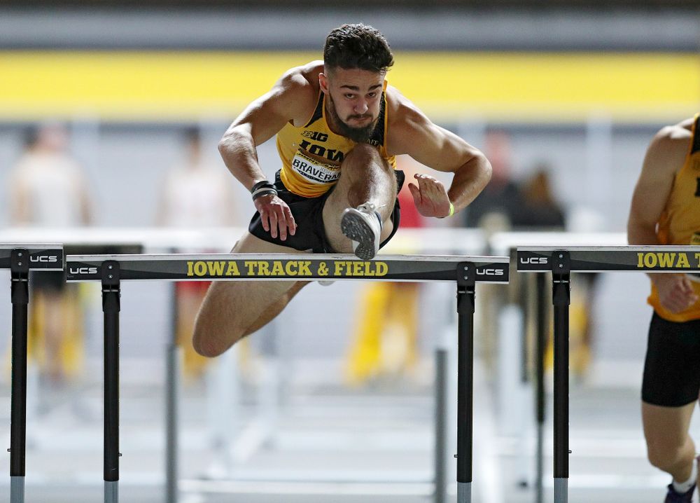 Iowa’s Josh Braverman competes in the men’s 60 meter hurdles prelims event during the Jimmy Grant Invitational at the Recreation Building in Iowa City on Saturday, December 14, 2019. (Stephen Mally/hawkeyesports.com)