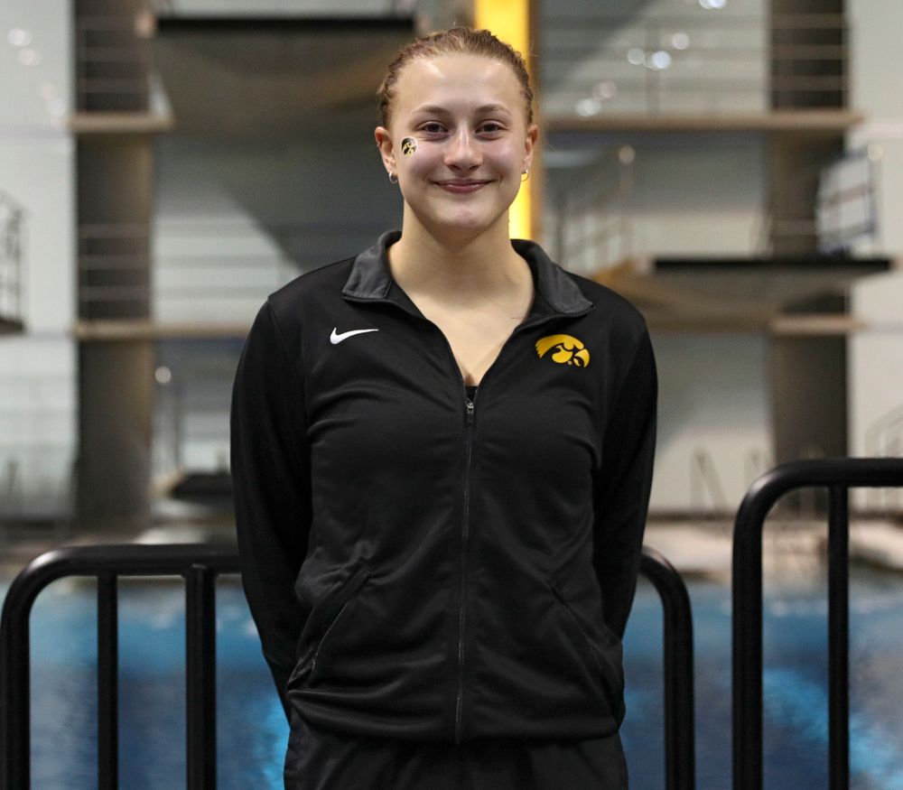 Iowa’s Samantha Tamborski on the awards stand after the women’s 3 meter diving final event during the 2020 Women’s Big Ten Swimming and Diving Championships at the Campus Recreation and Wellness Center in Iowa City on Friday, February 21, 2020. (Stephen Mally/hawkeyesports.com)
