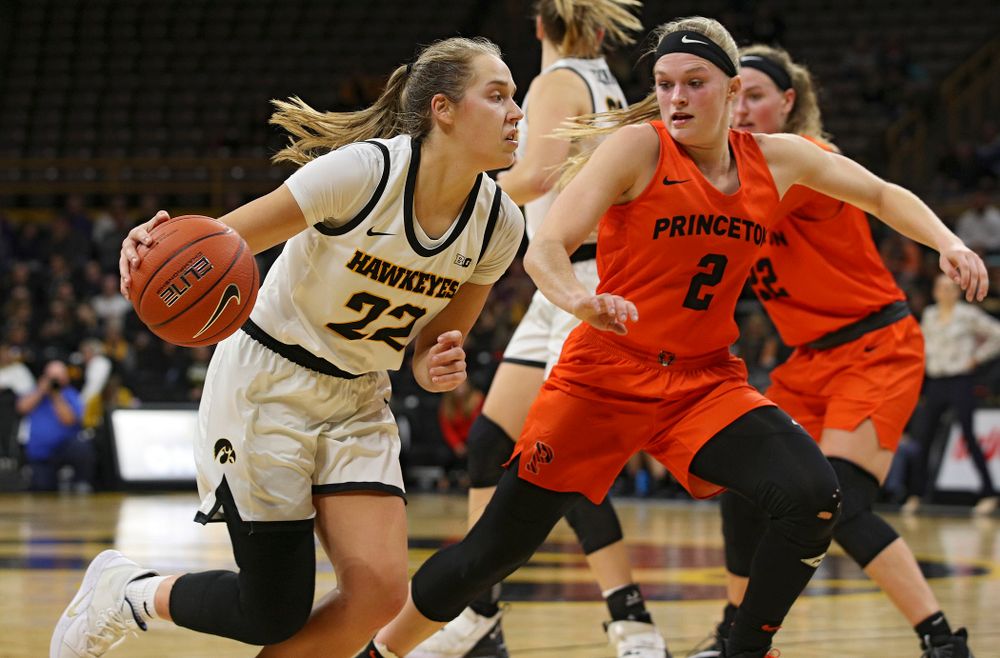 Iowa guard Kathleen Doyle (22) drives with the ball during the fourth quarter of their overtime win against Princeton at Carver-Hawkeye Arena in Iowa City on Wednesday, Nov 20, 2019. (Stephen Mally/hawkeyesports.com)