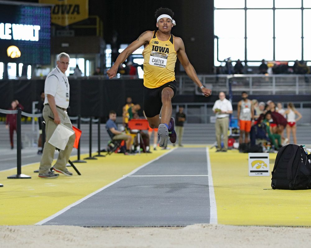 Iowa’s James Carter competes in the men’s triple jump event during the Larry Wieczorek Invitational at the Recreation Building in Iowa City on Saturday, January 18, 2020. (Stephen Mally/hawkeyesports.com)