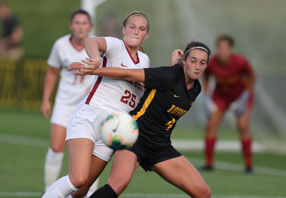 Iowa Hawkeyes forward Kaleigh Haus (4) during a 2-1 victory over the Iowa State Cyclones Thursday, August 29, 2019 in the Iowa Corn Cy-Hawk series at the Iowa Soccer Complex. (Brian Ray/hawkeyesports.com)