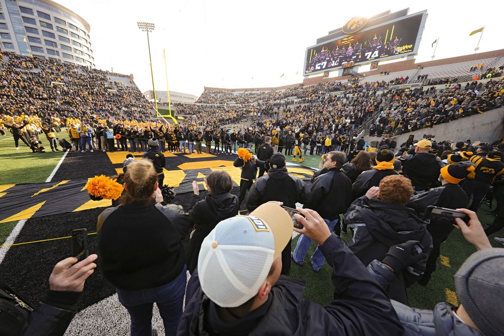 University of Iowa letterwinners form a tunnel for the senior football players before their game at Kinnick Stadium in Iowa City on Saturday, Nov 23, 2019. (Stephen Mally/hawkeyesports.com)