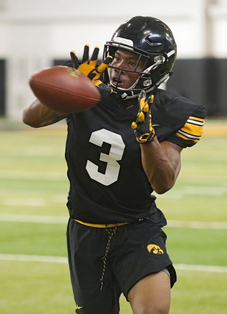 Iowa Hawkeyes wide receiver Tyrone Tracy Jr. (3) pulls in a pass during Fall Camp Practice No. 9 at the Hansen Football Performance Center in Iowa City on Monday, Aug 12, 2019. (Stephen Mally/hawkeyesports.com)