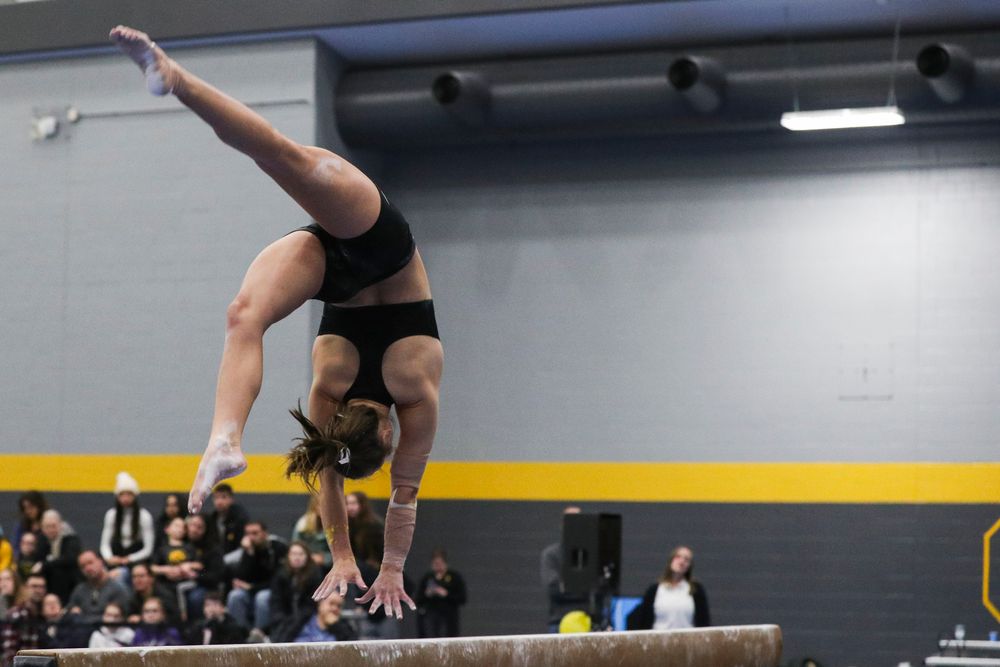 Ashley Smith performs on the beam during the Iowa women’s gymnastics Black and Gold Intraquad Meet on Saturday, December 7, 2019 at the UI Field House. (Lily Smith/hawkeyesports.com)