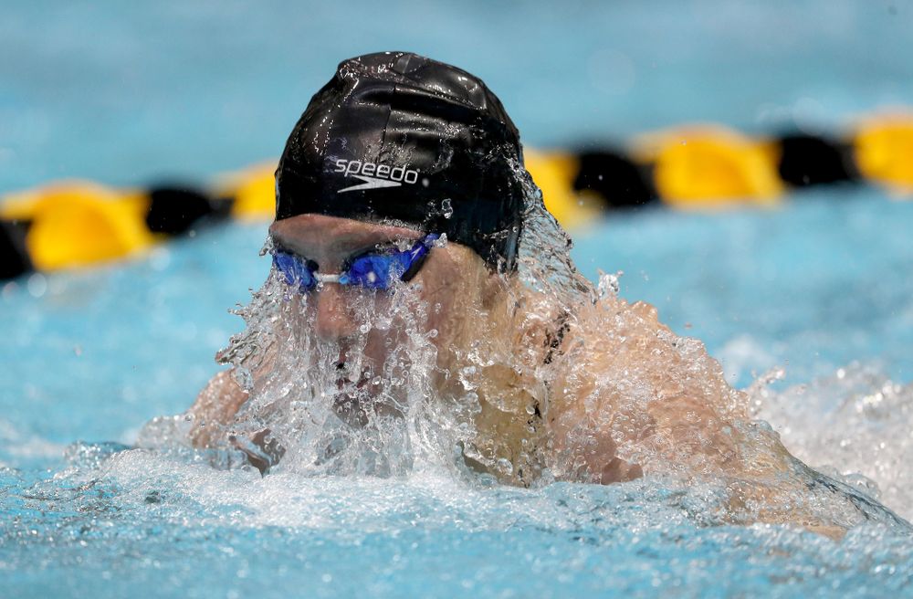 IowaÕs Sage Ohlensehlen competes in the 100 yard breaststroke against Notre Dame and Illinois Saturday, January 11, 2020 at the Campus Recreation and Wellness Center.  (Brian Ray/hawkeyesports.com)
