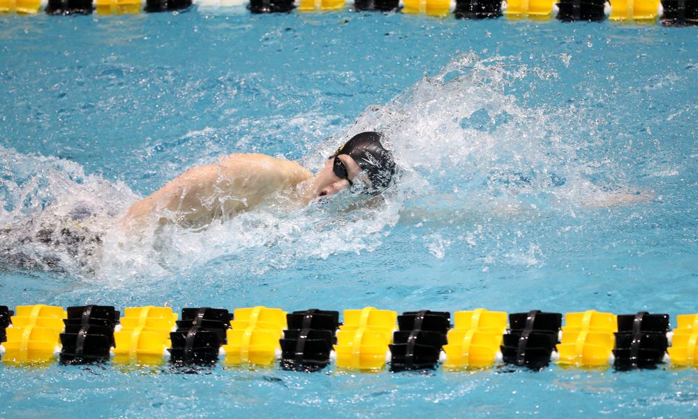 Iowa's Jackson Allmon swims the third leg of the 800 freestyle relay at the 2019 Big Ten Swimming and Diving meet  Wednesday, February 27, 2019 at the Campus Wellness and Recreation Center. (Brian Ray/hawkeyesports.com)