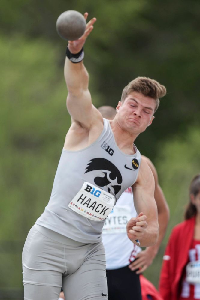 Iowa's Peyton Haack during the men's shot put at the Big Ten Outdoor Track and Field Championships at Francis X. Cretzmeyer Track on Friday, May 10, 2019. (Lily Smith/hawkeyesports.com)