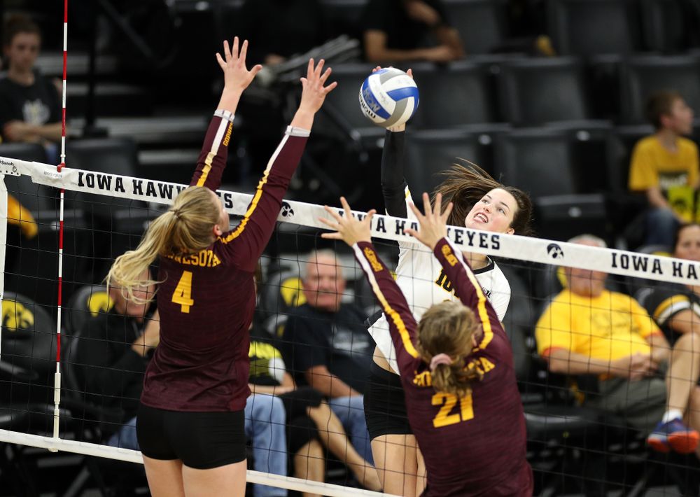 Iowa Hawkeyes outside hitter Edina Schmidt (20 against the Minnesota Golden Gophers Wednesday, October 2, 2019 at Carver-Hawkeye Arena. (Brian Ray/hawkeyesports.com)