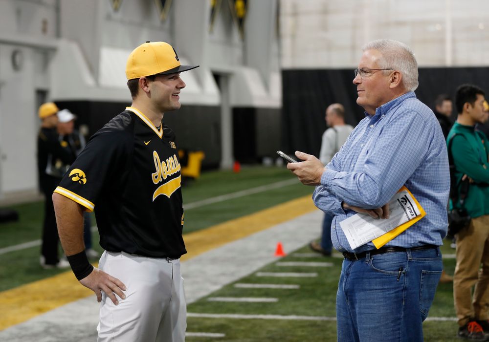 Iowa Hawkeyes infielder Kyle Crowl (23) answers questions from reporters during the team's annual media day Thursday, February 8, 2018 in the indoor practice facility. (Brian Ray/hawkeyesports.com)