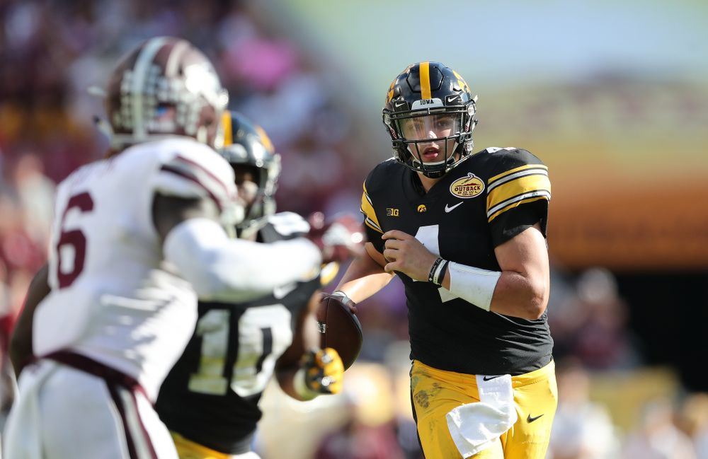 Iowa Hawkeyes quarterback Nate Stanley (4) during their Outback Bowl Tuesday, January 1, 2019 at Raymond James Stadium in Tampa, FL. (Brian Ray/hawkeyesports.com)
